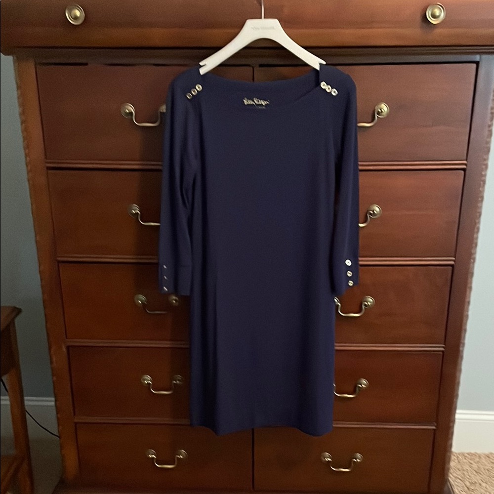 NWOT Lilly Pulitzer Navy Blue Sophie Dress w Gold Button Detail 3/4 sleeve